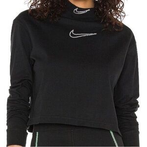 Nike Women's Black Cropped Loose Fit Long Sleeved Tee Rhinestone Embellished